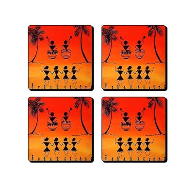 Set of 4 Wooden Coasters for Home and Kitchen | Dining Table Decor | Square Coasters | Kitchen Decorative Items | Table Decoration | Home Decor (Warli Art Design